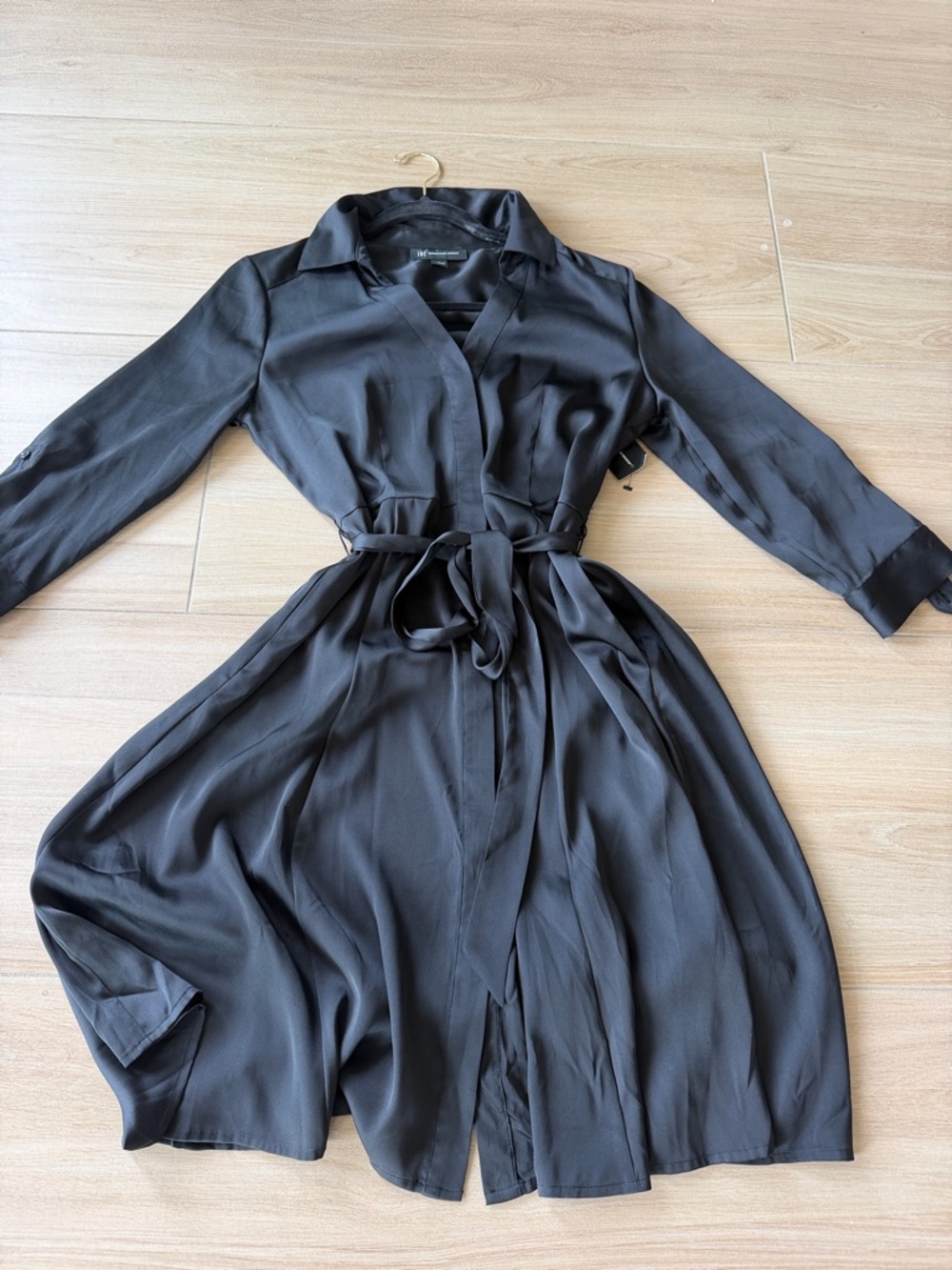 INC International Concepts Black Long-Sleeve Tie-Waist Shirt Dress